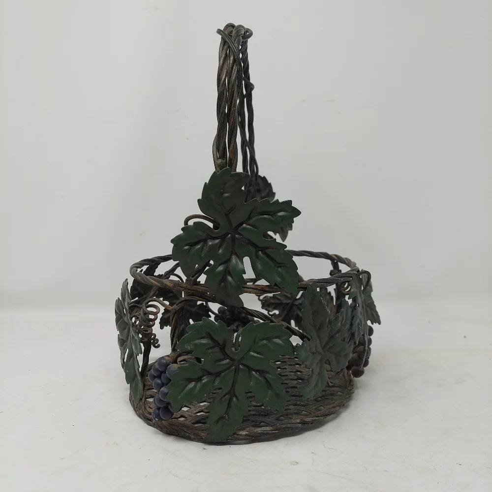 Wrought Iron Woven Grapes Ivy Metal Basket Open Weave Tuscan Wine Decorative